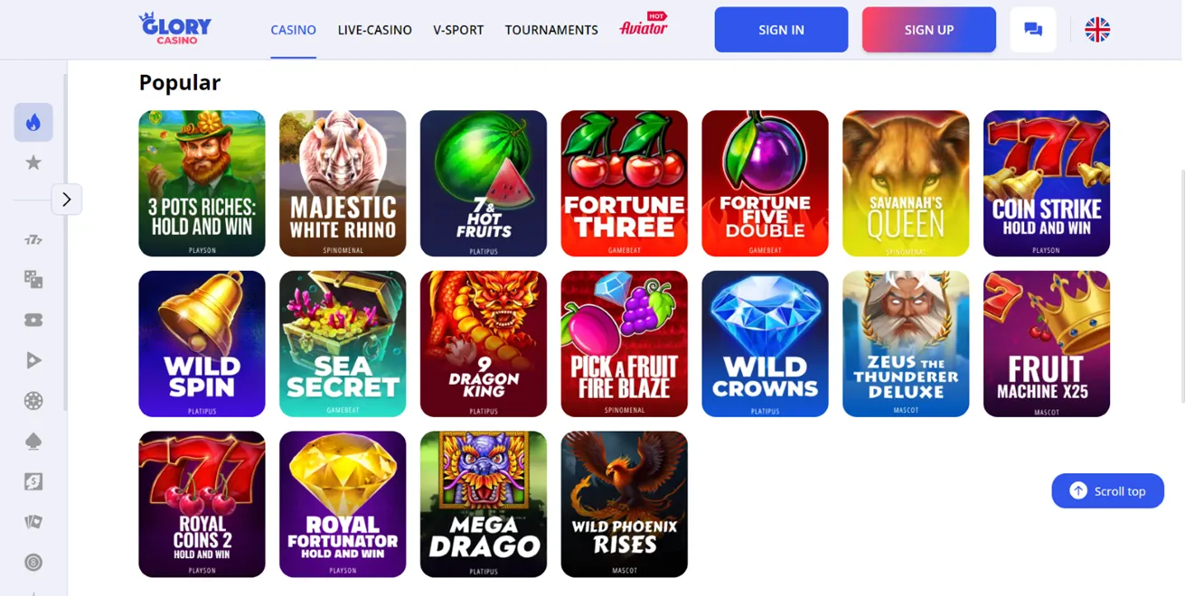 Glory Casino Mobile version